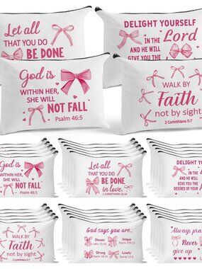 Bow Bible Cosmetic Bags - 30Pcs Pink Coquette Mini Bible Verse Makeup Bag with Z
